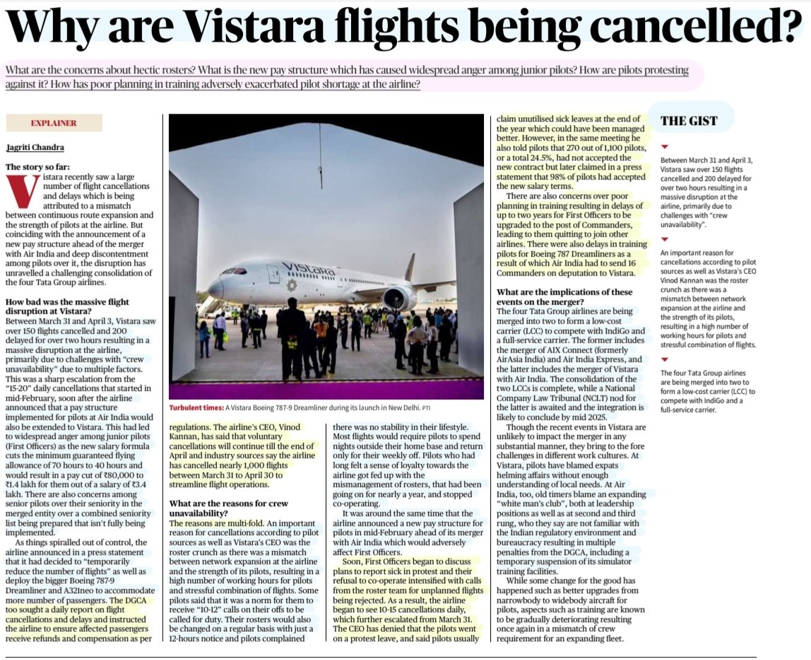 'Why are Vistara Flights being Cancelled?'

:Explained by Ms Jagriti Chandra
@jagritichandra 

#Vistara #Pilots #Network #expansion #workload
#CrewUnvailability 
#PayStructure 
#WorkLifeBalance 

Source: TH