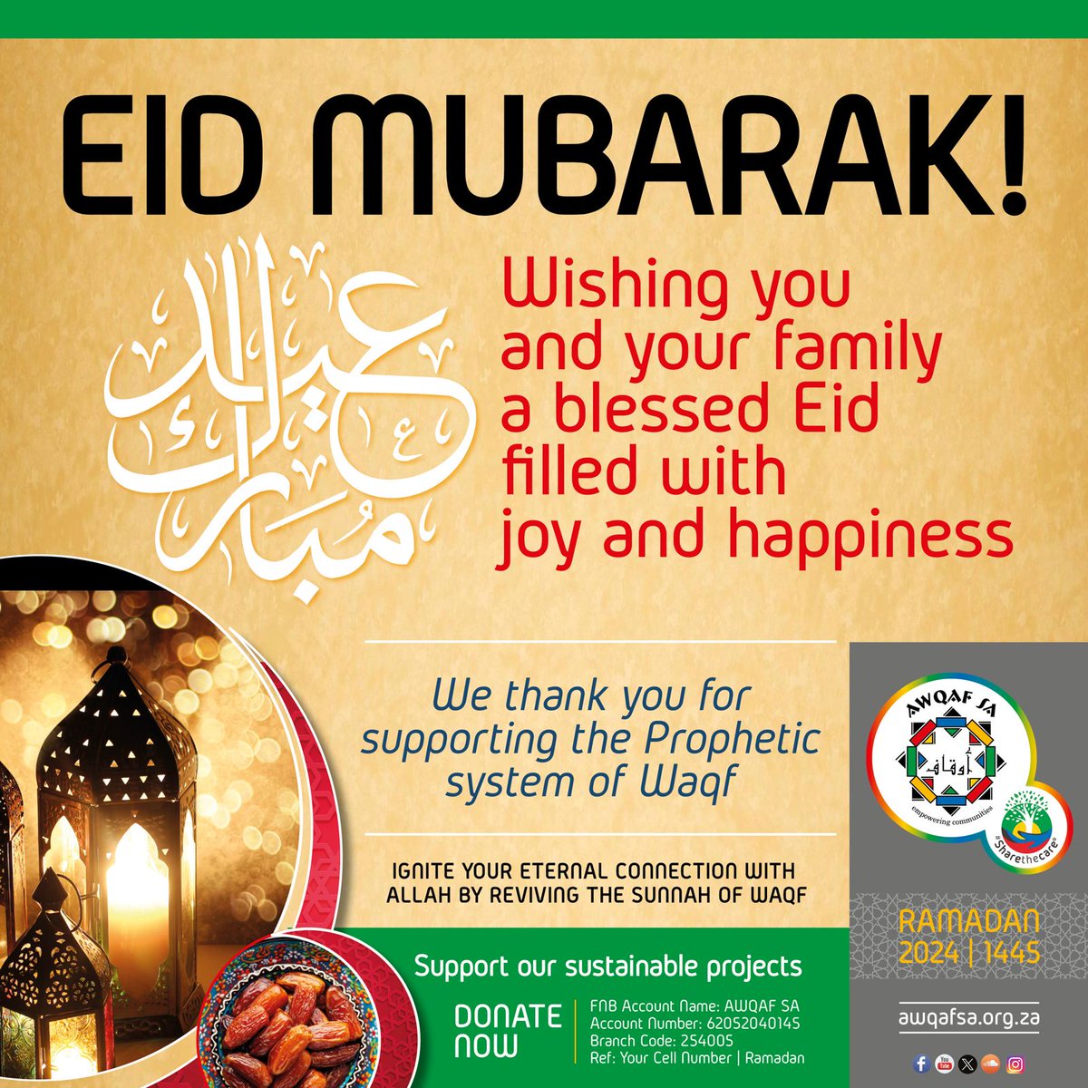Awqaf SA Eid Mubarak 1445/2024 Awqaf SA, Trustees, Management Team, and Ambassadors wish you and your families blessed Eid and a day full of joy. We wish you and your loved ones an Eid filled with happiness and blessings.