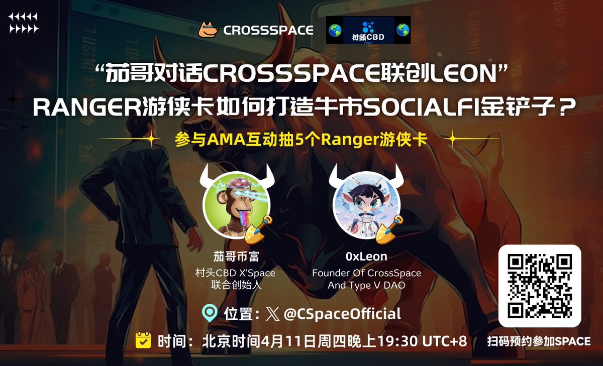 🎉 Join us for a special AMA collab with the big Chinese influencer 茄哥币富 @qqzsss this Thursday at 19:30pm UTC+8! Space will be conducted in Chinese. Expect a LIT CONVO🔥between 茄哥币富 @qqzsss and #CrossSpace cofounder @Leoninweb3 to uncover how the Ranger VIP Card is…