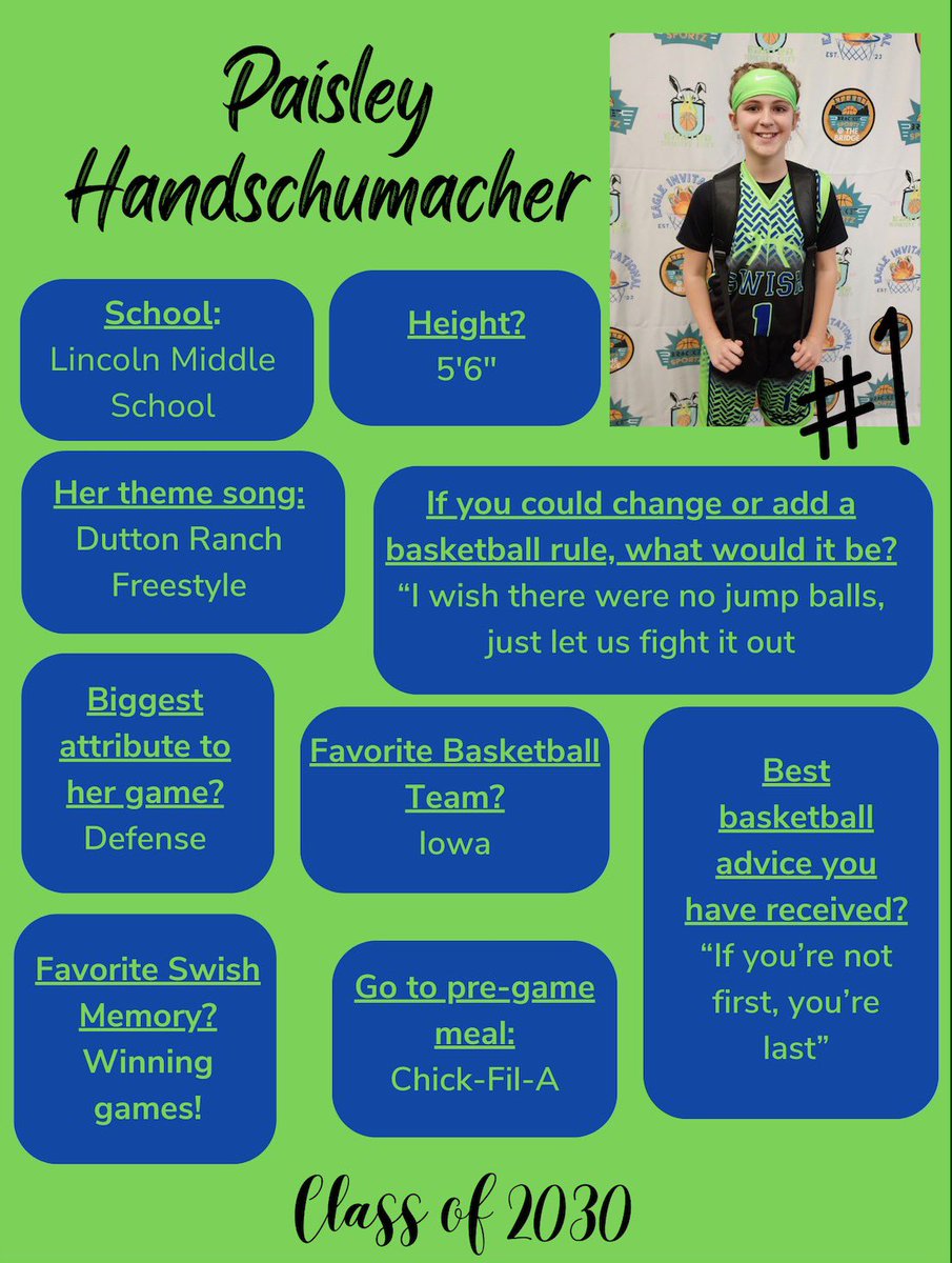 Today’s player spotlight is miss Paisley!!

Check out her player profile at:
wvswish.com/paisley-handsc…

#OneSwishFamily💚💙