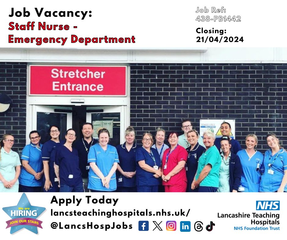 Lancashire Teaching Hospitals Jobs 💙 (@lancshospjobs) on Twitter photo Job Vacancy: Staff Nurse - #EmergencyDepartment <a href="/LancsHospitals/">Chorley & Royal Preston</a>
⏰Closes: 21/04/24
Read more & apply: lancsteachinghospitals.nhs.uk/join-our-workf…
#NHS #NHSjobs @LTHTREmergency1 #StaffNurse #Nurse #Lancashire #Preston #Chorley #Band5 #ED Job Vacancy: Staff Nurse - #EmergencyDepartment <a href="/LancsHospitals/">Chorley & Royal Preston</a>
⏰Closes: 21/04/24
Read more & apply: lancsteachinghospitals.nhs.uk/join-our-workf…
#NHS #NHSjobs @LTHTREmergency1 #StaffNurse #Nurse #Lancashire #Preston #Chorley #Band5 #ED