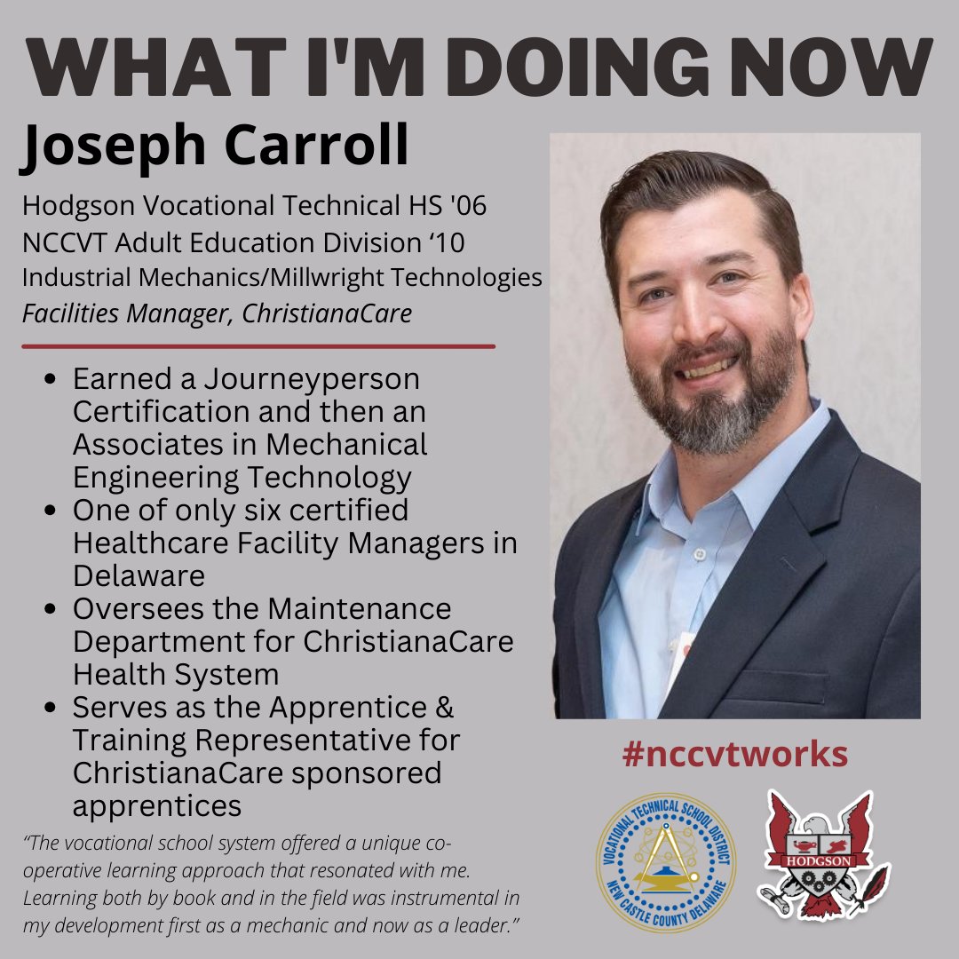 #WhereAreTheyNowWednesday
Joseph Carroll's co-op job during his sr yr @HVT_SilverEagle turned into his full-time career. Along the way, he also graduated from NCCVT's Apprenticeship program as well as Del Tech and now oversees all maintenance for @christianacare. #nccvtworks