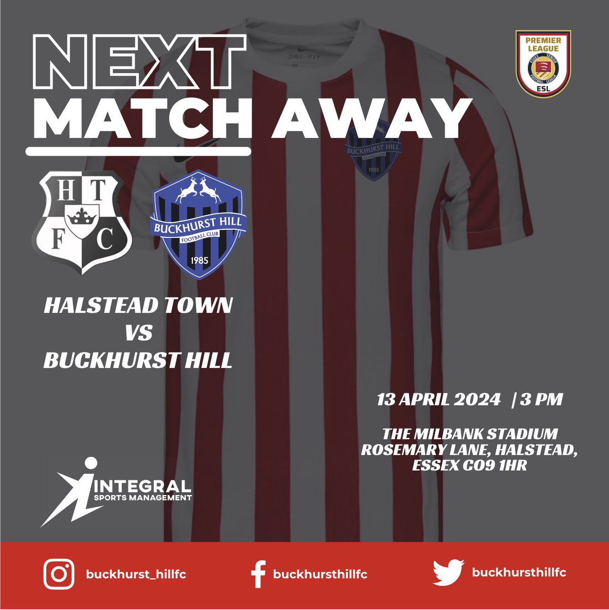 NEXT MATCH AWAY 🔴 ⚪ 📆 Sat 13th April 2024 🏆 @EssexSenior ⏰ 3 pm KO 🆚 @HalsteadTownFC 🏟 THE MILBANK STADIUM, ROSEMARY LANE, HALSTEAD, CO9 1HR #COYStags #ESL