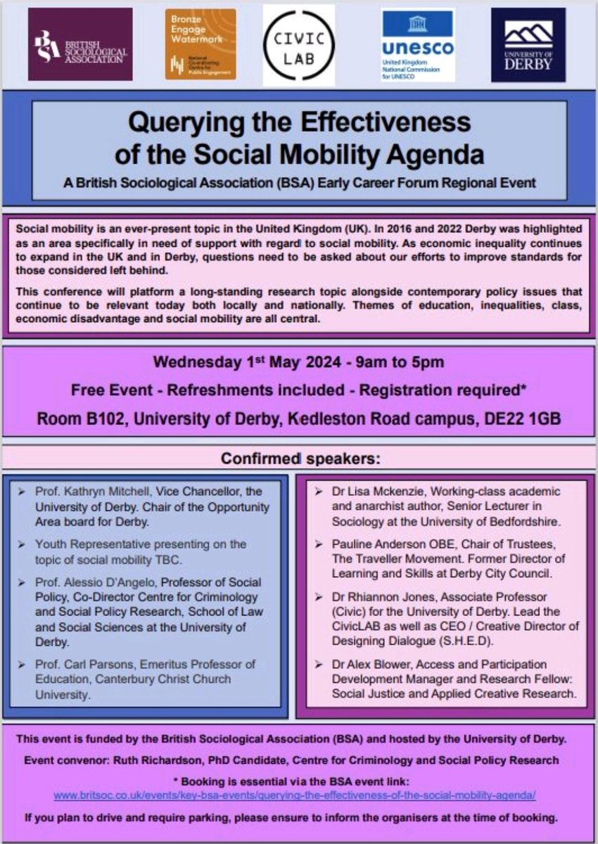 3-weeks to go until the @britsoci regional event @DerbyUni exploring social mobility! I've been speaking to some of our fantastic speakers such as @EduDetective, @redrumlisa, @SHED_uk & Pauline @GypsyTravellerM Event is free but booking is essential! 👉 britsoc.co.uk/events/key-bsa…