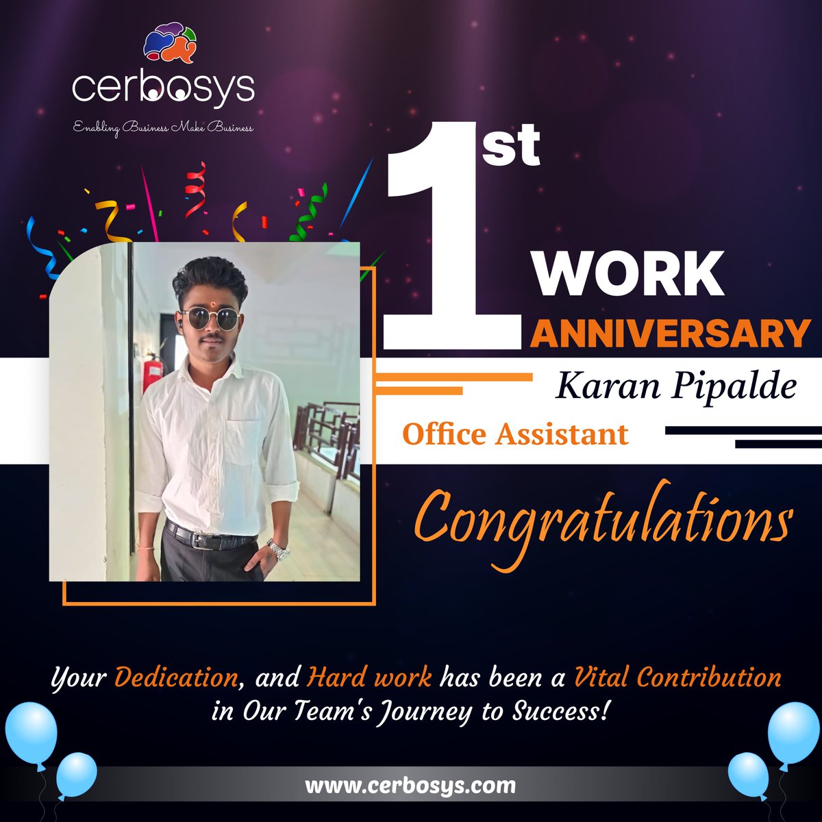 CerbosysTech's tweet image. Cheers to Karan on a Year of Dedication and Success at Cerbosys Technologies!
Your hard work and commitment have played a pivotal role in our team's journey. Here's to many more milestones together! 🎉👏
#OneYearAnniversary #TeamSuccess #DedicationPaysOff #CerbosysTechnologies