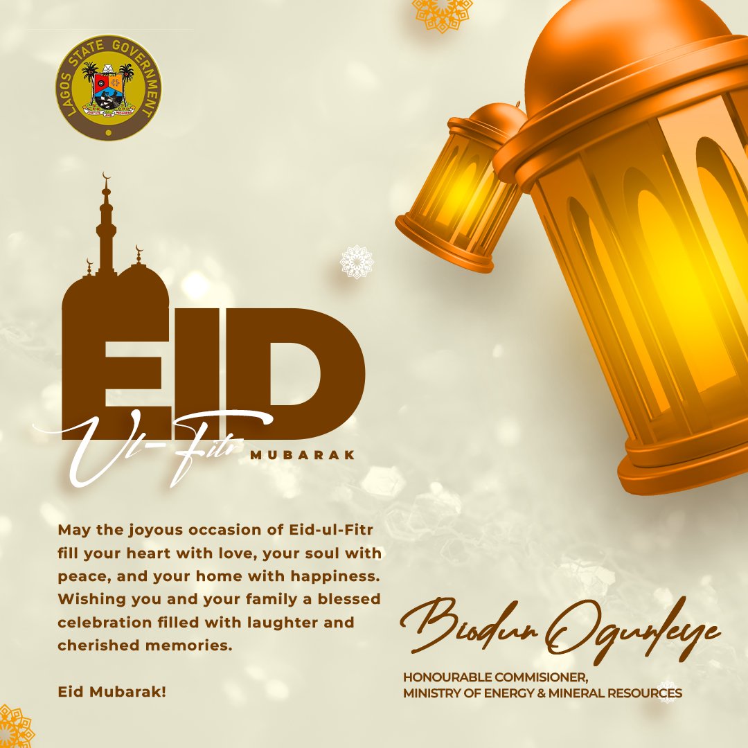 May the joyous occasion of Eid-ul-Fitr fill your heart with love, your soul with peace, and your home with happiness. Wishing you and your family a blessed celebration filled with laughter and cherished memories. Eid Mubarak! #EidMubarak #LagosArising #BiodunOgunleye