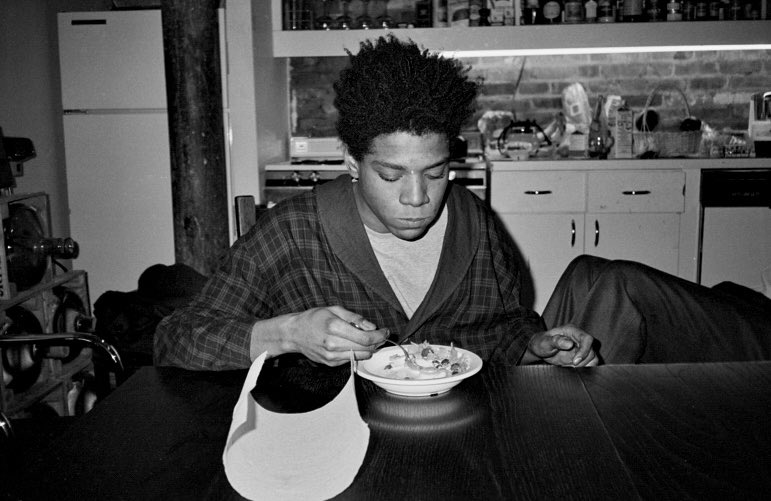 Good Morning Art Lovers 🖤 Breakfast with Basquiat - shot by Andy Warhol in 1985.