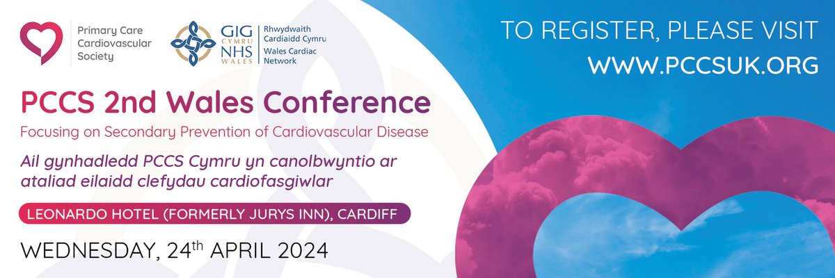 Primary Care Cardiovascular Society (@pccs_uk) on Twitter photo Two weeks to go (24/4) to our 2nd Wales Conf with <a href="/cardiacnetwork/">Rhwydwaith Cardiaidd Cymru / Wales Cardiac Network</a>, Focusing on Secondary Prevention of CVD. Learn more about the main therapy areas related to the management of CVD + ensure you're kept up-to-date on new treatment options + latest guidance pccsuk.org/events/37/pccs… Two weeks to go (24/4) to our 2nd Wales Conf with <a href="/cardiacnetwork/">Rhwydwaith Cardiaidd Cymru / Wales Cardiac Network</a>, Focusing on Secondary Prevention of CVD. Learn more about the main therapy areas related to the management of CVD + ensure you're kept up-to-date on new treatment options + latest guidance pccsuk.org/events/37/pccs…