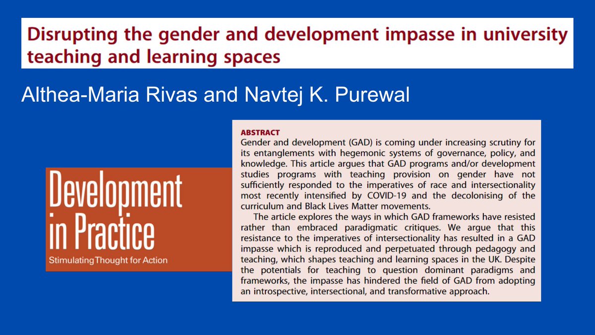 'The feminist traditions underpinning GAD ... have side-lined issues of race.' @AltheaMRivas & Navtej K. Purewal's article is the latest in our forthcoming special issue on the Future of Teaching Gender and Development (eds @MirnaGuha , @rishie_, & @R37G): doi.org/10.1080/096145…