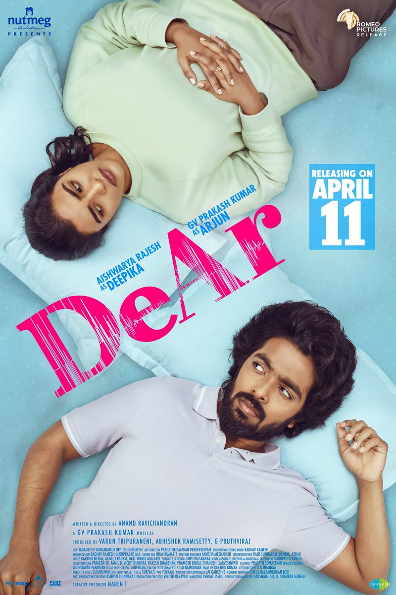 A fun-filled entertainer is on the way! #DeAr!🤩 releasing at your Parimalam cinemas. #DeArFromApril11 😀 @gvprakash @aishu_dil @mynameisraahul #RomeoPictures @saregamasouth @Anand_Rchandran @jagadeesh_s_v @editor_rukesh @narentnb