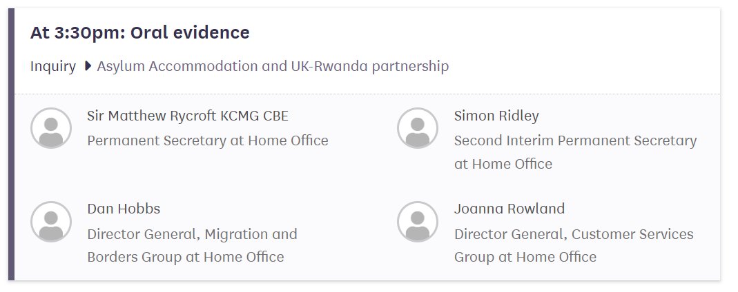 Important oral evidence session of the @CommonsPAC next Monday, questioning senior Home Office officials on the Rwanda Plan and asylum accommodation committees.parliament.uk/event/21063/fo…