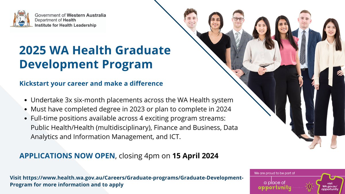 🌟 Are you a 2023 graduate or planning to graduate in 2024? Kickstart your career in public health with the 2025 WA Health Graduate Development Program! Applications close at 4pm on 15th April 2024. 🔗 Learn more and apply here: health.wa.gov.au/Careers/Gradua…