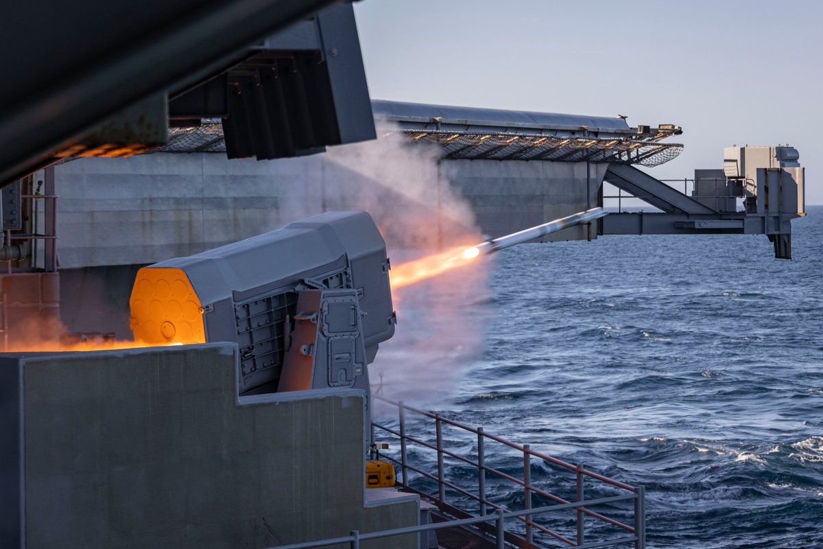 A rolling airframe missile (RAM) launcher fires a RIM-116 missile from the Nimitz-class aircraft carrier USS Abraham Lincoln (CVN 72) during a live-fire exercise … dvidshub.net/r/9krutz #Navy