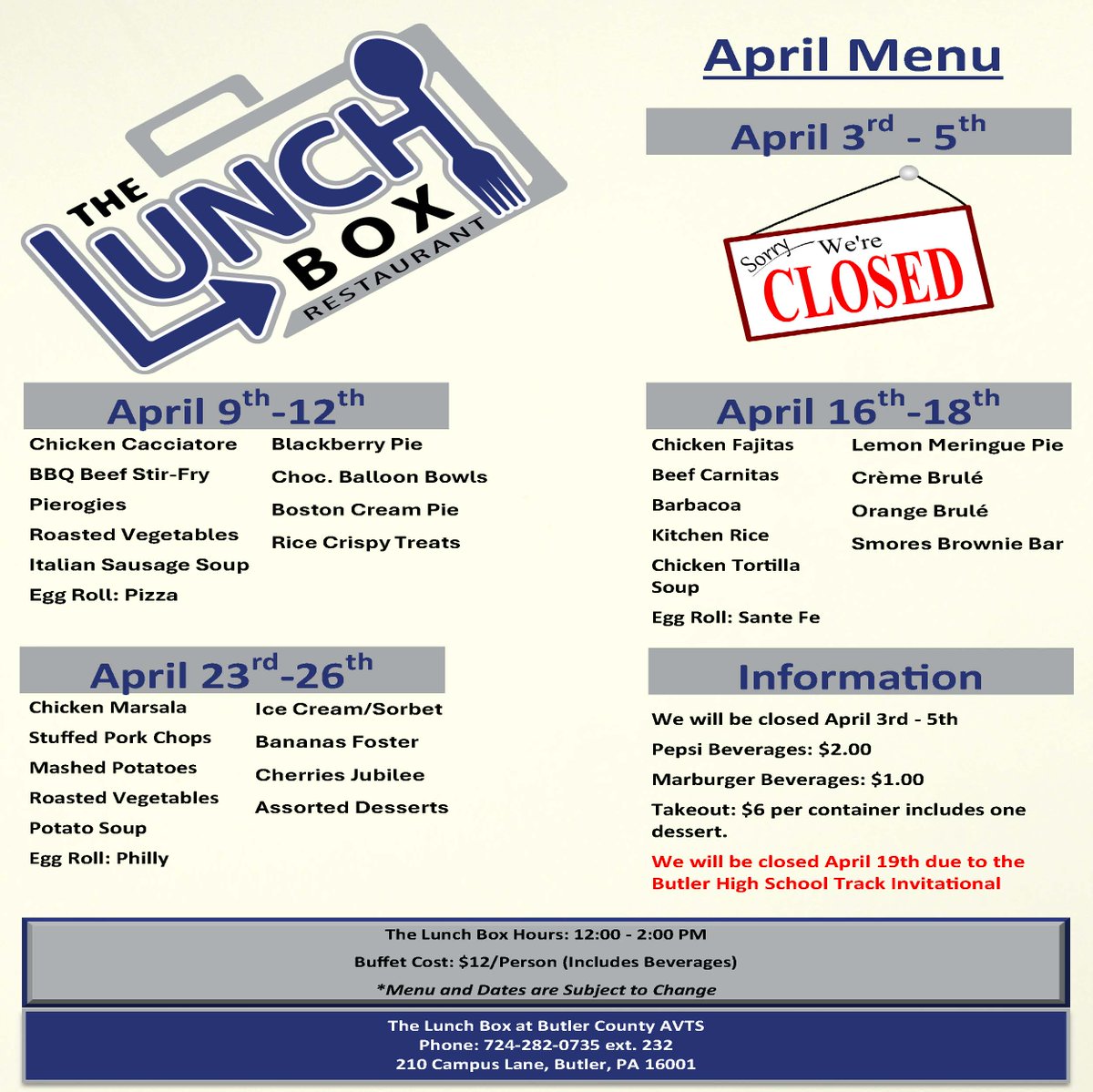 UPDATED 🚨 Culinary Arts-The Lunch Box April Menu Butler County AVTS - Culinary Arts Class  #whatsforlunch #culinaryarts #butlercountypa #butlervotech