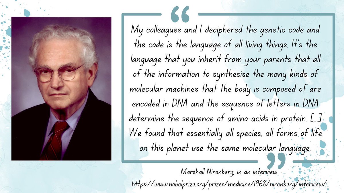 Born today in 1927, American biochemist Marshall Nirenberg won a 1968 Nobel Prize in physiology/medicine (with Har Gobind Khorana & Robert Holley) for breaking the genetic code and elucidating its role in protein synthesis. Hear what he says about this discovery👇 #ScienceHistory