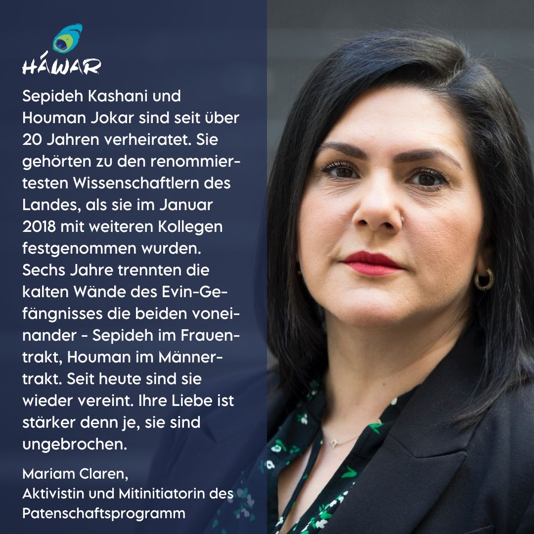 “Sechs Jahre trennten die kalten Wände des #Evin-Gefängnisses die beiden voneinander [...]. Seit heute sind sie wieder vereint. Ihre Liebe ist stärker denn je,” sagt die Aktivistin und Mitinitiatorin des Patenschaftsprogramms @mariam_claren.