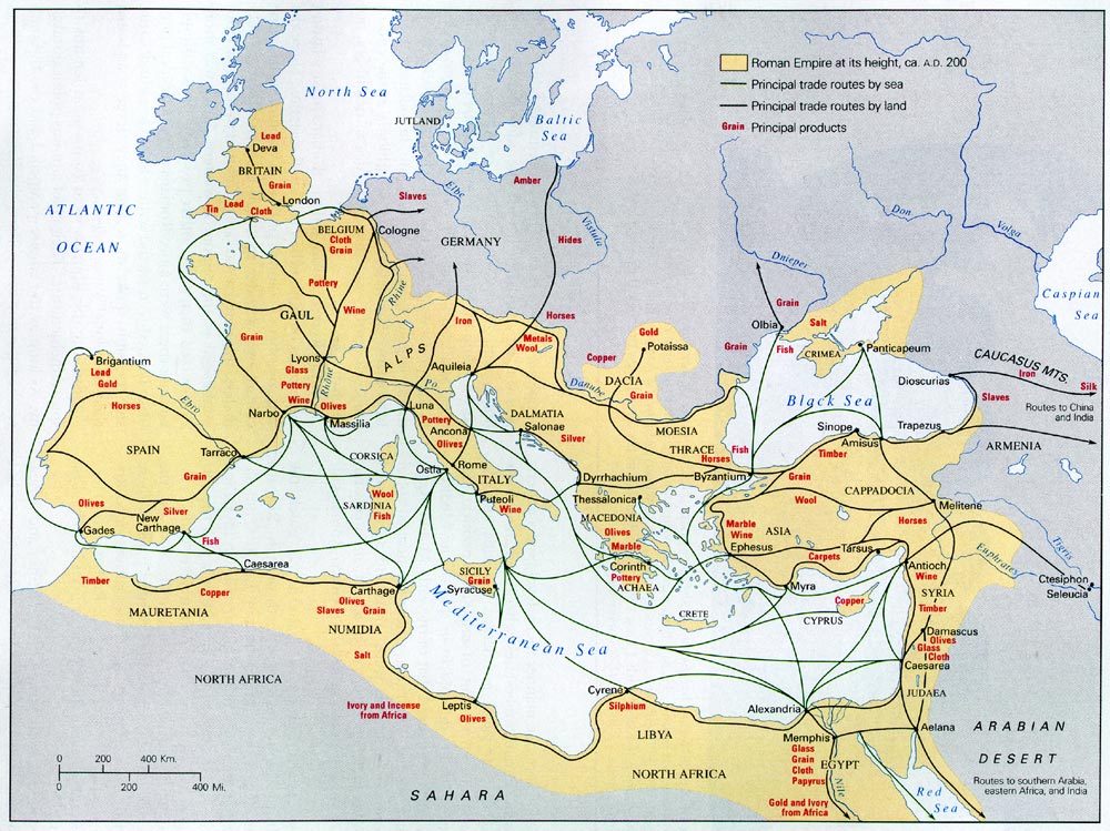 Roman trade routes and principal products in each region.