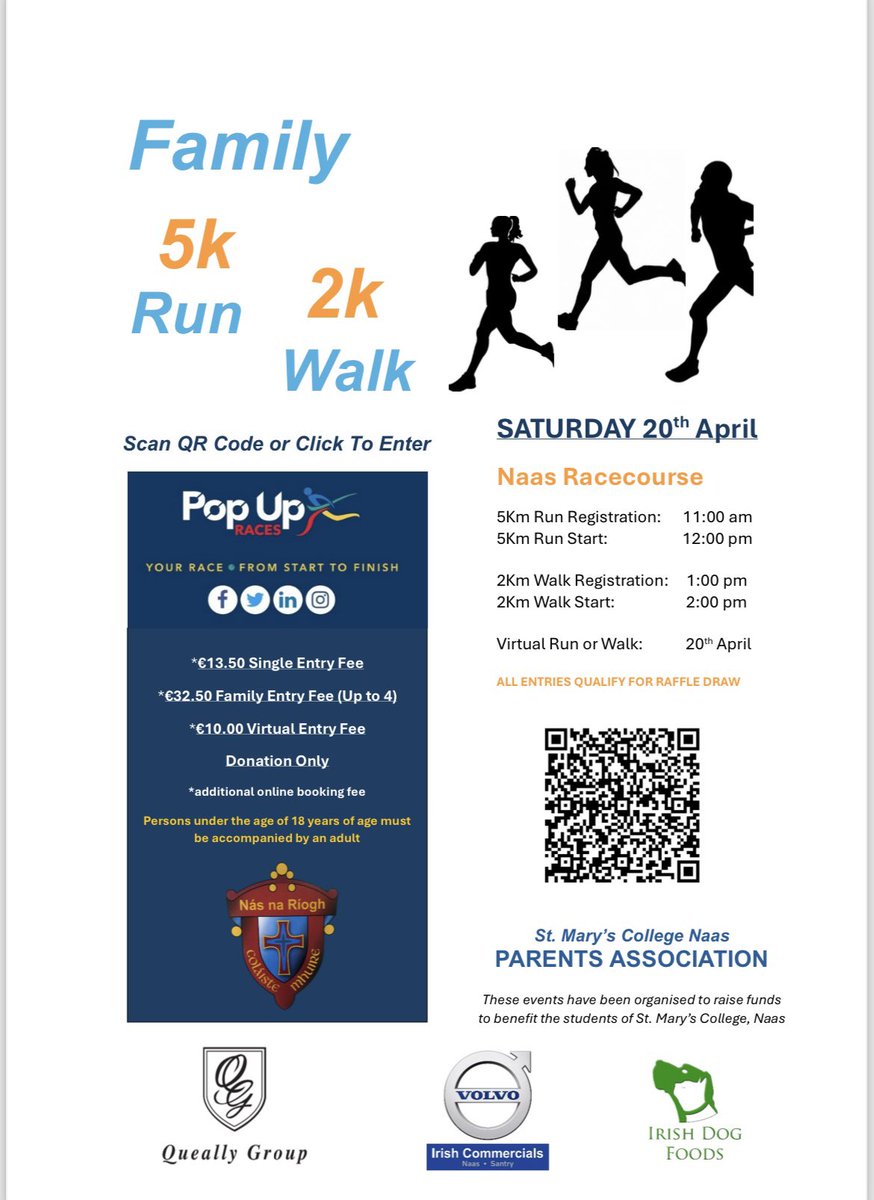 Best of luck to @StMarysCollege who are hosting a Family 5k Run or 2k Walk on Sat 20th April. Registration details below.