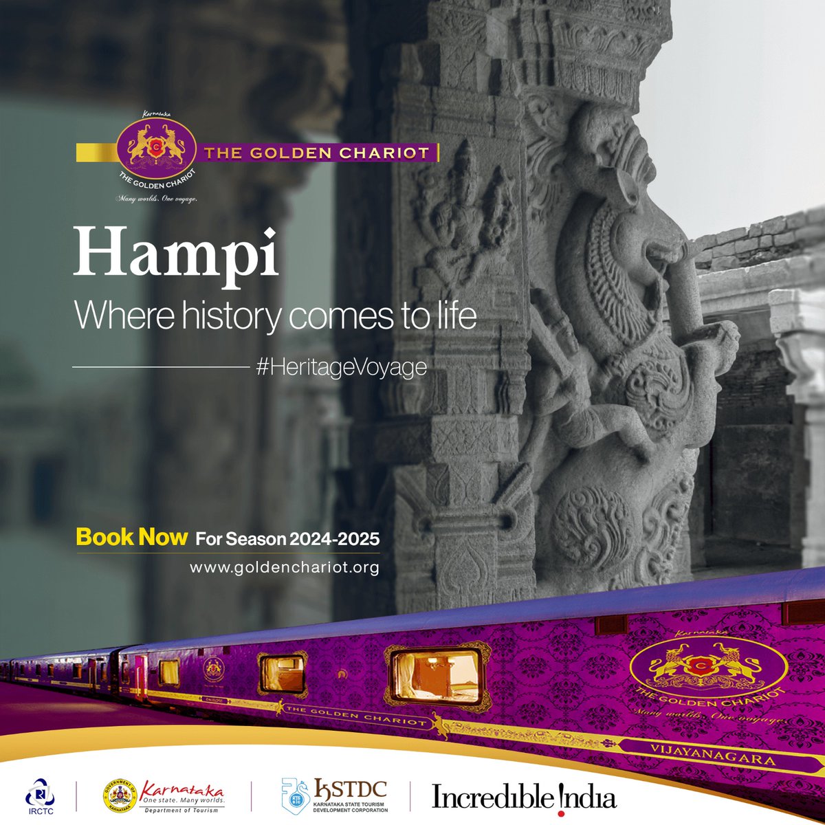 Revisit ancient history in Hampi with the #GoldenChariot. Click on goldenchariot.org to book a #HeritageVoyage to India with us. #goldenchariot #travelindia #luxurytravel #SouthIndia #travellife #BucketListAdventure #IncredibleIndia #travel