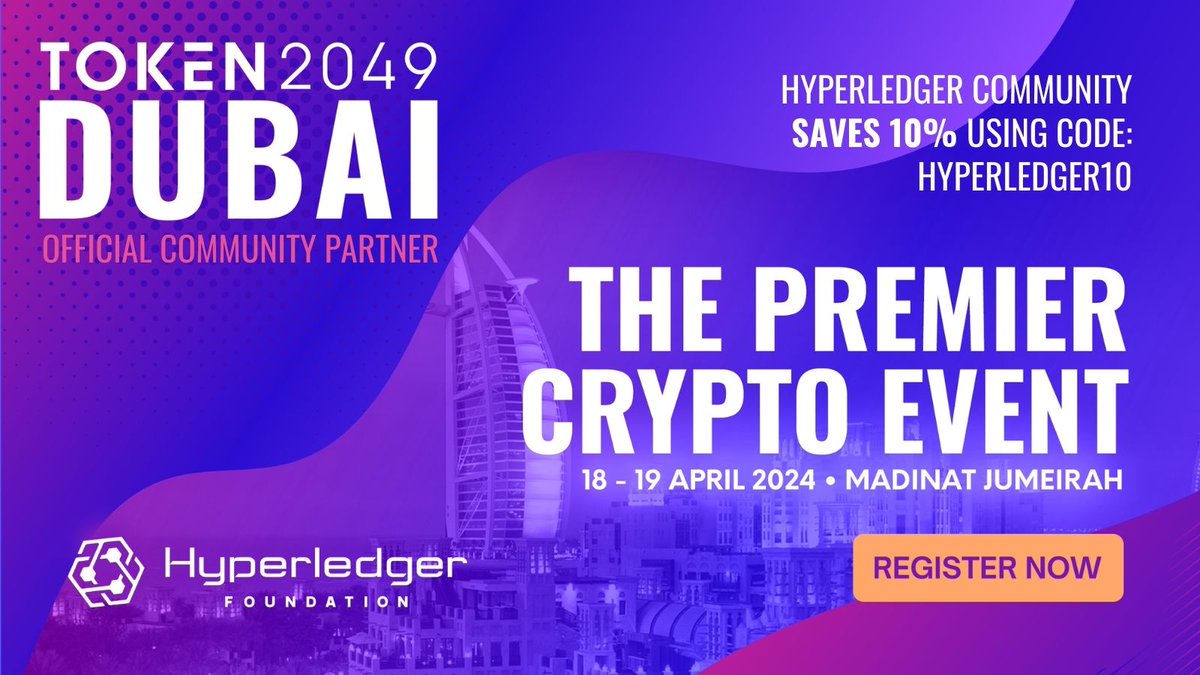 We're excited to partner with @token2049 , the premier annual crypto event in Dubai and Singapore. Benefit from a 10% ticket discount with the code 'HYPERLEDGER10.' 📌 Sign up now: hubs.la/Q02rV8bY0