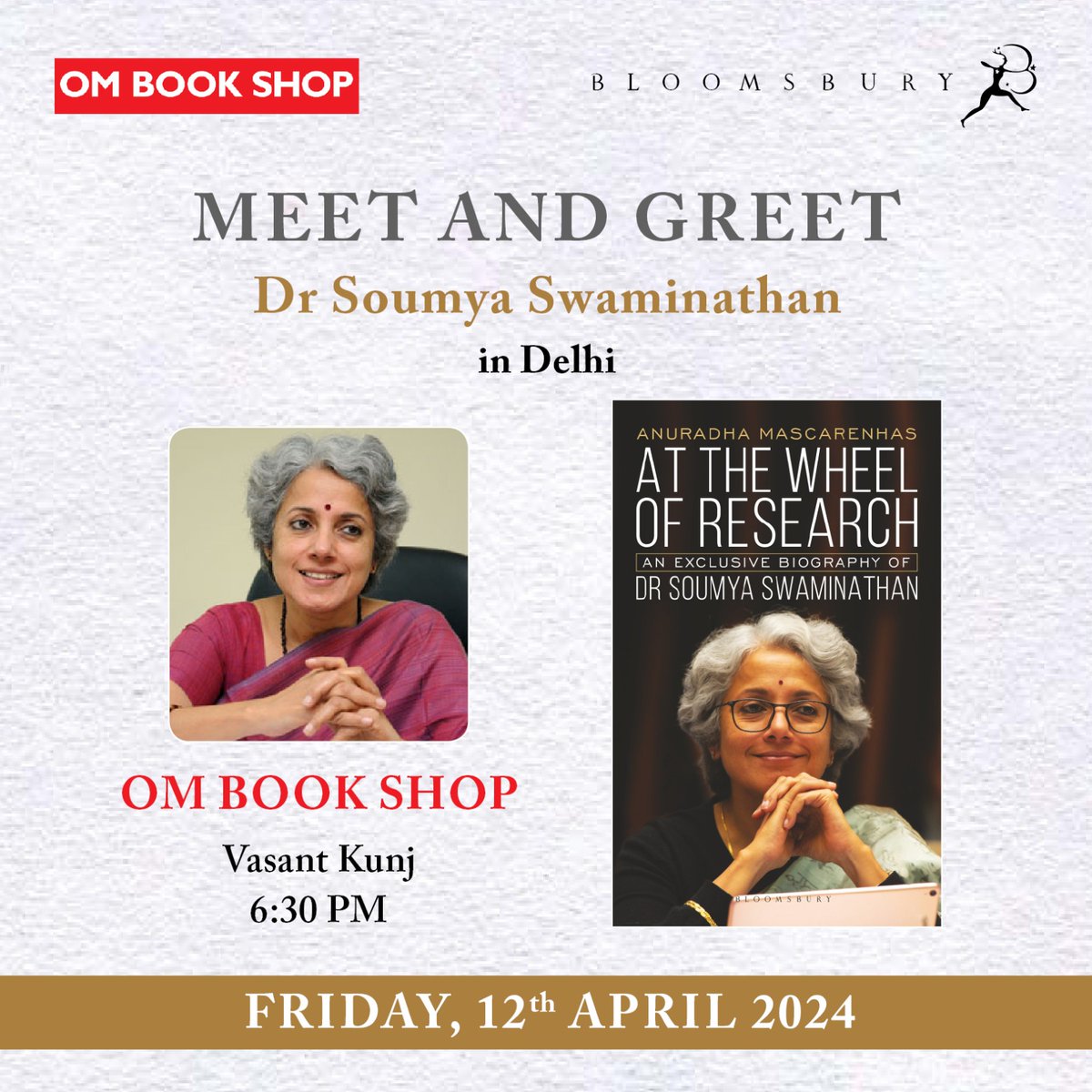 Readers in Delhi, meet Dr. Soumya Swaminathan this Friday at @Ombookshops in Vasant Kunj at 6:30 pm where she will be signing copies of #AtTheWheelOfResearch. @runaanu
