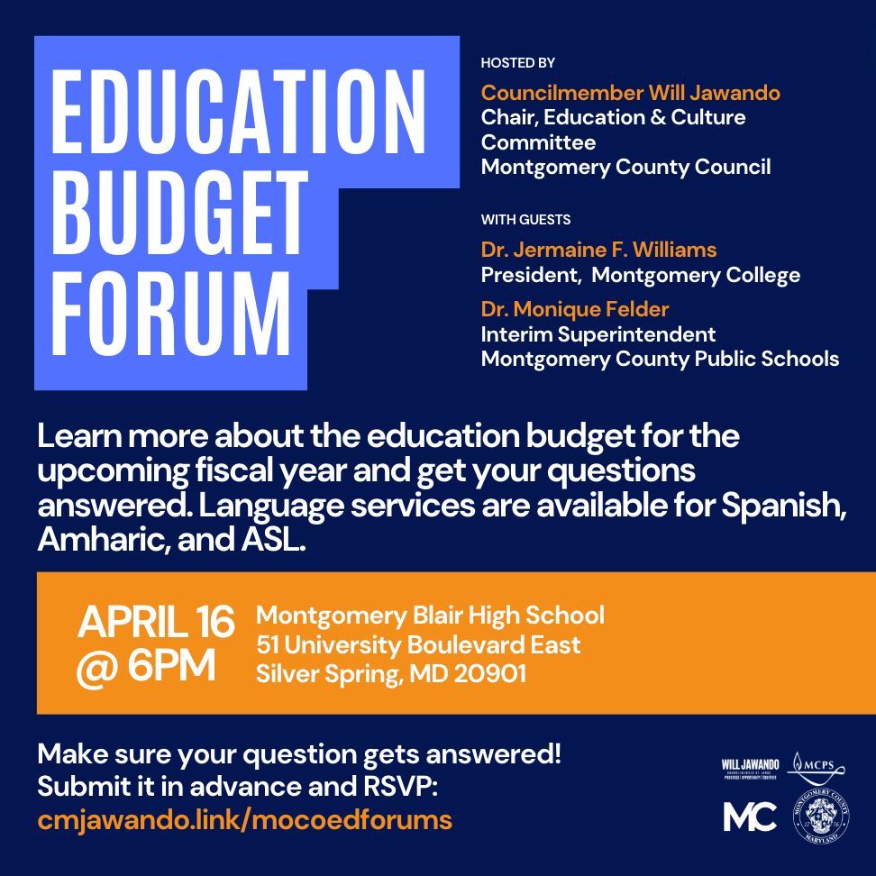 Do you have a question about the county education budget for the upcoming year? I’ll host Dr. Willams of @montgomerycoll & Dr. Felder of @mcps on April 16. Submit your questions now: cmjawando.link/mocoeduforums