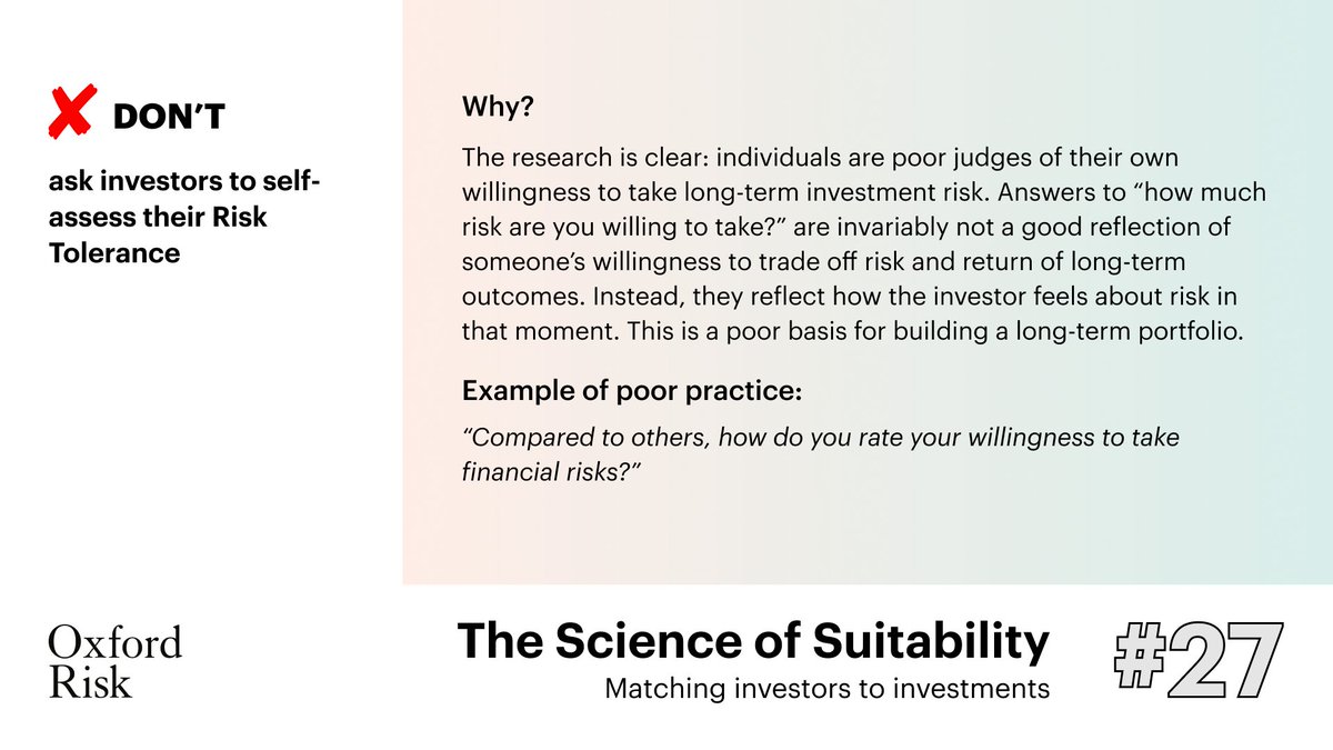 #ScienceOfSuitability #27: DON'T ask investors to self-assess their risk tolerance. Many investors believe that they have a good grasp and ability to measure their own risk tolerance, but in reality, research has shown that this simply is not the case. #BehaviouralFinance #BeFi