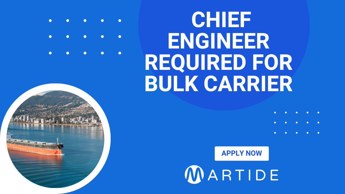 Join Date: 22nd April
Contract: 4 Months (+/-1)
Salary: $8,500 USD
Company: Nordic Hamburg Recruiting
Apply Here: buff.ly/2Piaa1G
#seafarerjobs #seamanjobs #jobsatsea #maritimejobs #jobsonships #shipjobs #chiefengineerjobs #chiefengineervacancies #marineengineerjobs