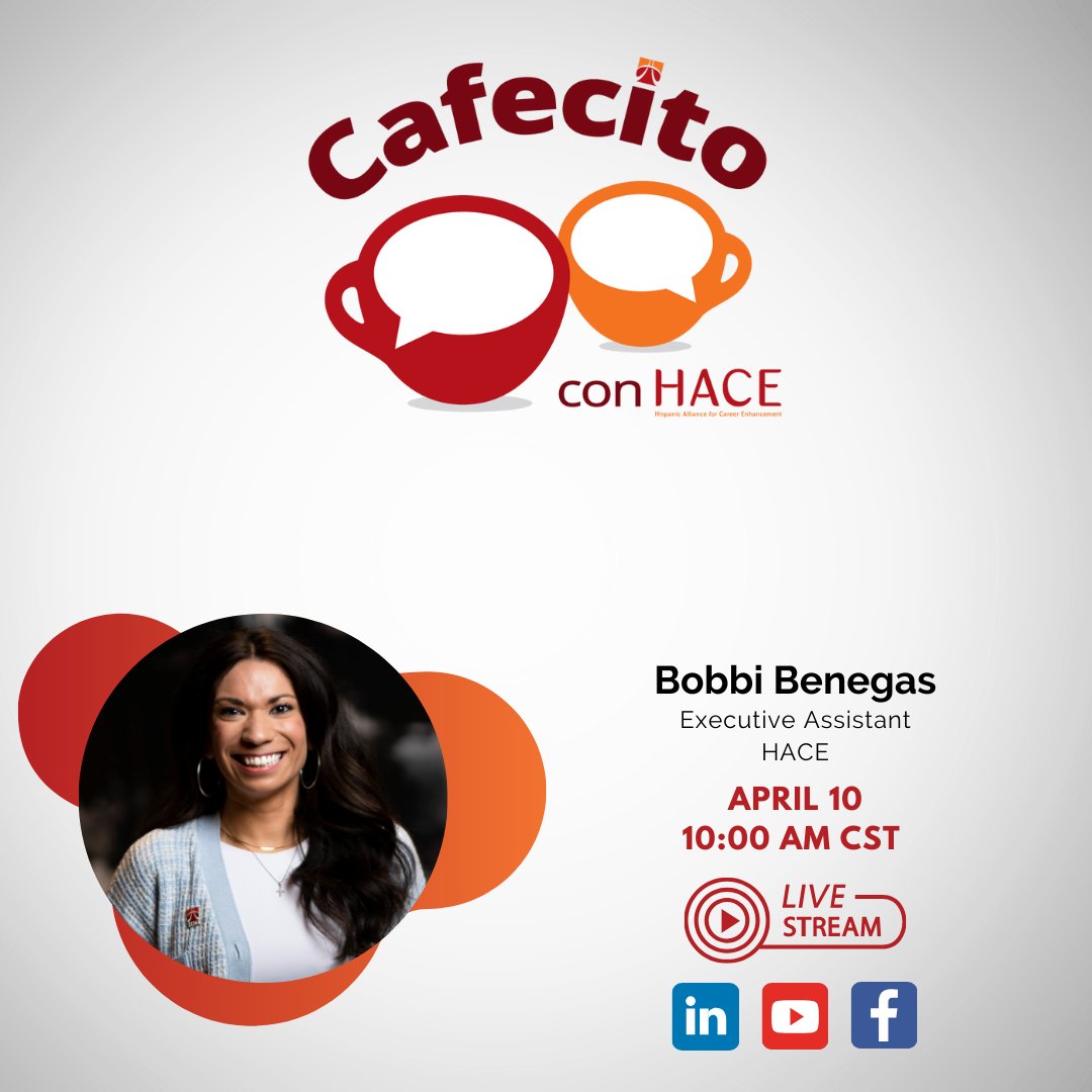 Join us for Cafecito con HACE w/ Bobbi Benegas! Bobbi is the Executive Assistant to the President/CEO at HACE. Bobbi is a Servant Leader who prides herself on her empathy and her willingness to always extend a helping hand. 
➡️Tune in here: hubs.la/Q02smd1p0