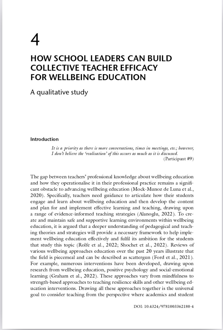 NEW PUBLICATION:  White, M. A. (2023). Integrating wellbeing and learning in schools: Evidence-informed approaches for leaders and teachers. Taylor &amp; Francis.
doi.org/10.4324/978100…