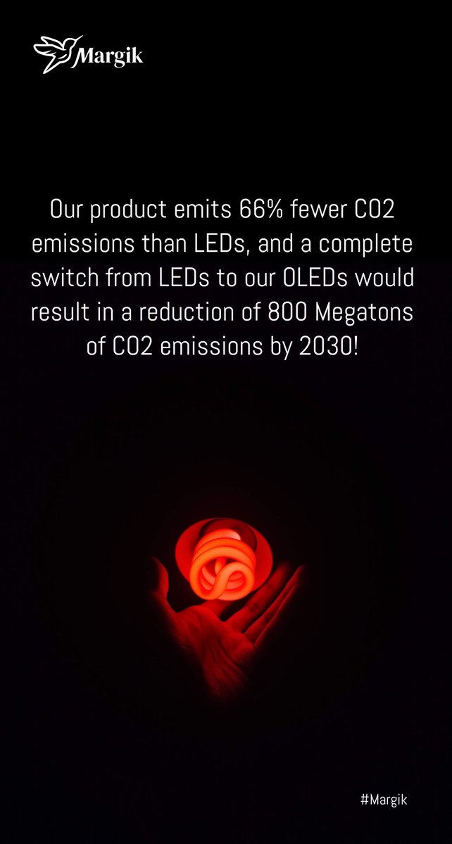 Our product emits 66% fewer CO2 emissions than LEDs, and a complete switch from LEDs to our OLEDs would result in a reduction of 800 Megatons of CO2 emissions by 2030!

#oleds #leds #lighting #sustainablelighting #co2reduction