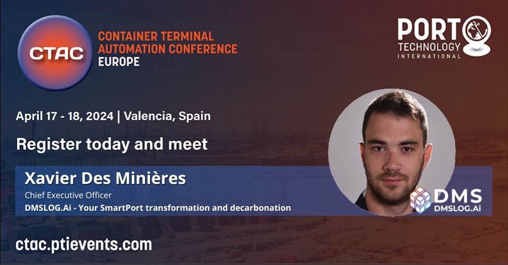dmslogAI's tweet photo. 🚢 Exciting times ahead at CTAC Valencia 17,18 april 2024 with Xavier, https://t.co/oWxicKZSZH CEO ☀️🚀 🚢

🔗 https://t.co/XZkv8Z7m30
🏷️ #AIinPorts #ContainerTerminals #CTAC2024 #Decarbonization #DigitalTransformation #MaritimeTech #PortInnovation #PTI #SmartPorts #Sustainabl... https://t.co/I6HcmhMuak