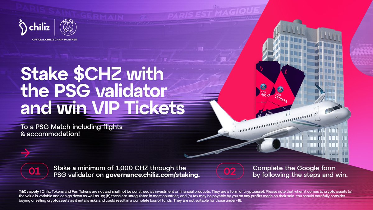 Ever dreamed of going to a @PSG_english match? 🤔💭
We might make your dream come true!

YOU could be the next one flying to <a href="/PSG_inside/">Paris Saint-Germain</a> by staking at least 1,000 CHZ with the PSG validator on governance.chiliz.com/staking 🌶️

Stake now 👉 forms.gle/U95vPJEHnbXpYk…

#StakeWithPSG ⚡ $CHZ