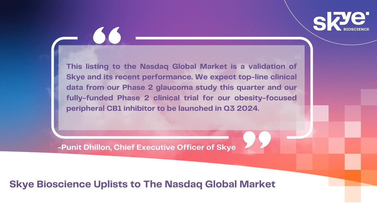 $SKYE has uplisted to the Nasdaq Global Market, a significant step mirroring its fundamental accomplishments, fundamental life science investors, and capital raised in in the last quarters. We now look forward to reporting Phase 2 glaucoma data in Q2 and starting the Phase 2…