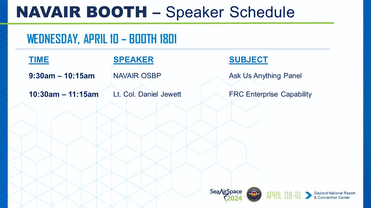 Stop by Booth 1801 at #SAS24 to hear the awesome speakers we have scheduled for the day, starting at 9:30am! You can ask OSBP anything and end your morning with Lt. Col. Jewett at 10:30am! #NAVAIRatSAS
