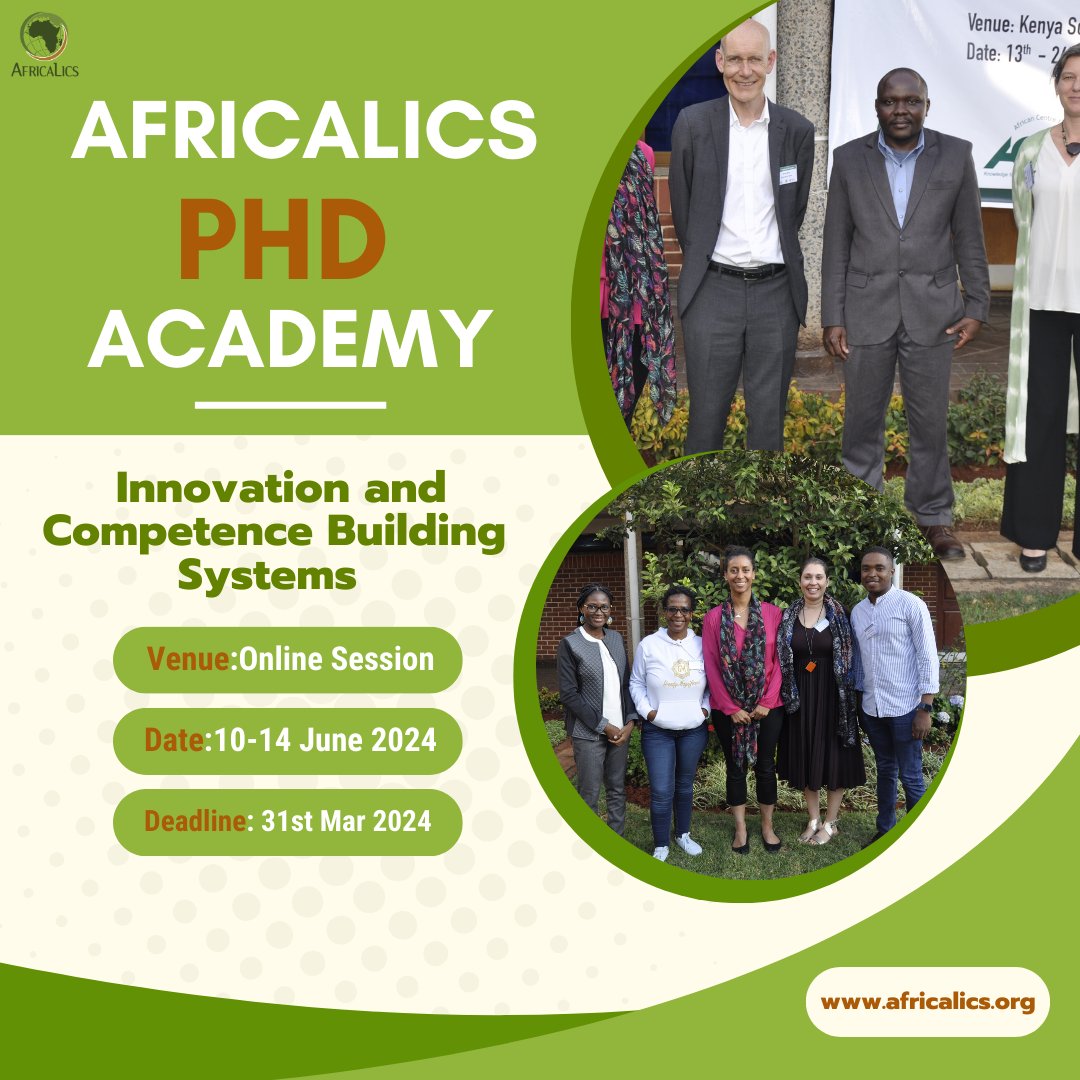 June 10 – 14, 2024. A great online opportunity for African #PhD & Master's students pursuing their studies at African universities, and focusing on #innovation and #development: apply for the 10th @AfricaLics PhD Academy. Deadline for sign up: 15 April africalics.org/event/10th-phd…