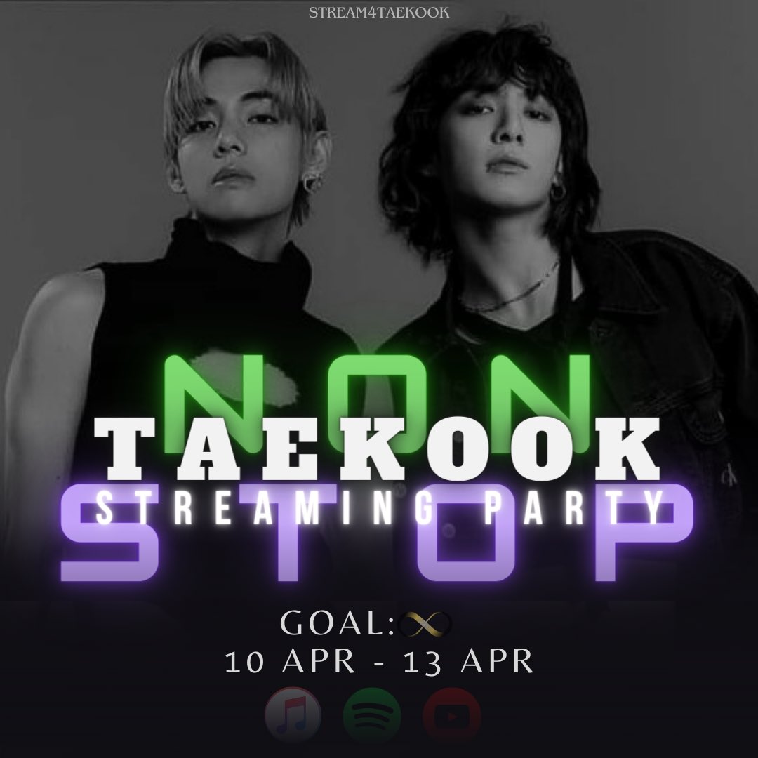 📣 Please join our “TAEKOOK NONSTOP STREAMING PARTY” ✨ Party will run from 9pm KST (10 APR) - 12am KST (13 APR) to ensure we have minimal to no drops before the weekend. Drop streaming ss and links of 🐯🐰’s songs from YouTube, Apple Music and Spotify👇