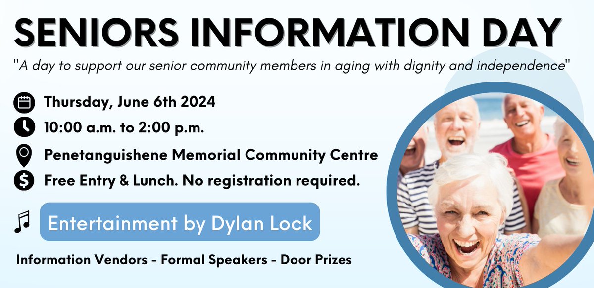 ℹ📣Join us for Seniors Information Day on June 6th, 2024 for a day of informative sessions, opportunities to connect with vendors, chances to win prizes, and enjoy live music by Dylan Lock.🎵 #SeniorsInformationDay ow.ly/3EiA50RbrMp