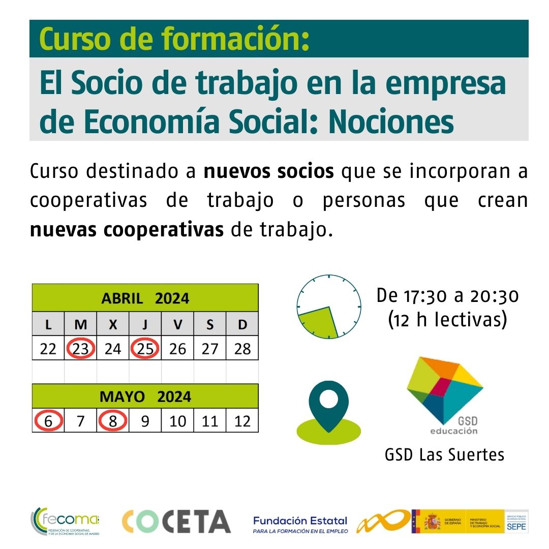 🎓 ¿Eres socio de una cooperativa? Con #FECOMA y @Coopsdetrabajo, aprende GRATIS sobre ser socio en empresas de #EconomíaSocial. Diploma acreditativo 🌟.
📅 23 y 25 ABR; 6 y 8 MAY.
🕒 17:30-20:30
📍 GSD Las Suertes
Apúntate al curso: i.mtr.cool/ybqdrwnttg
#FormaciónGratuita