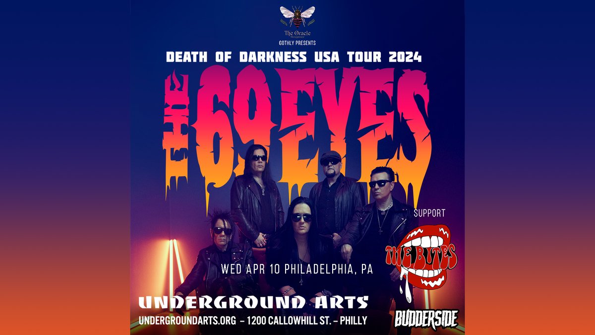 **Tonight @ UA** The 69 Eyes take it over this evening with The Bites + Budderside as the Death of Darkness Tour slides through town ⛓️ - Tickets online + at the door: link.dice.fm/UA_The69Eyes