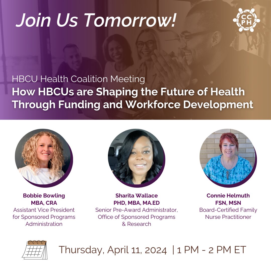 Join us tomorrow! #HBCU Health Coalition Meeting: How HBCUs are Shaping the Future of Health through Funding & Workforce Development 🗓️ Thurs, April 11, 1:00 - 2:00 PM EST Register: ow.ly/8hm750RbNiI #WorkforceDevelopment #Healthcare #PublicHealth #CommunityEngagement