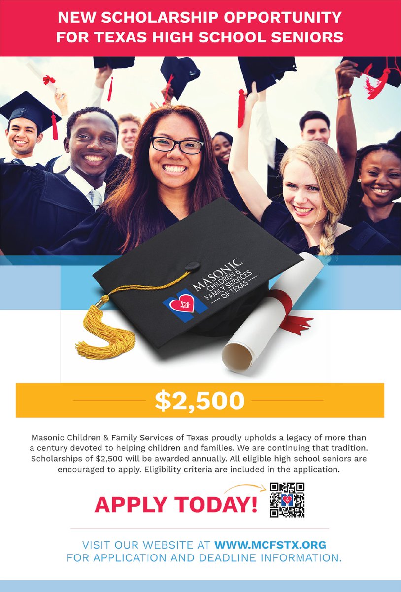 cyspringsccs's tweet image. Masonic Children &amp;amp; Family Services of Texas Scholarship deadline, April 30th. Apply Now!