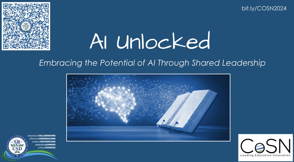 Before you leave @CoSN today, stop by our session at 2:15 pm in the Flagler room. We will be sharing the @SRVUSD1 journey to 'Embrace the Potential of AI Through Shared Leadership.' #CoSN2024