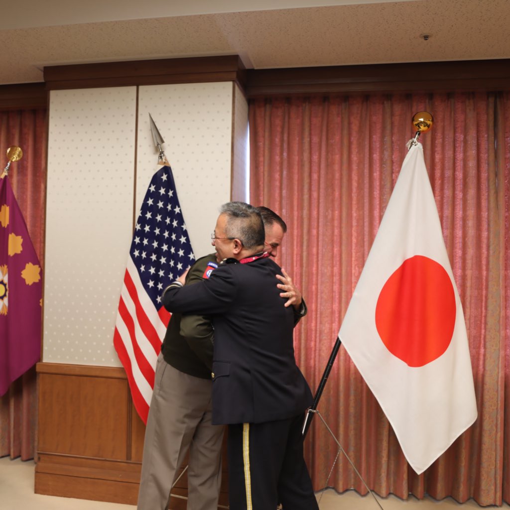 True friends are great riches!

Happy to celebrate the Chief of Staff of the @JapanJointStaff, GEN Yoshide Yoshida, by presenting a small token of the @USArmy’s gratitude for his hard work in strengthening the #USJapanAlliance and the Landpower Network.

Where we stand today…