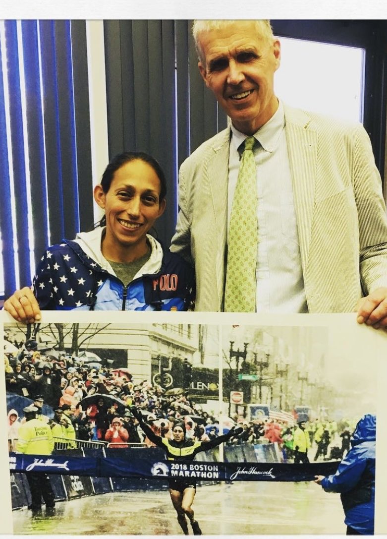 I wouldn’t object if everyday was ⁦@des_linden⁩ Day in Boston like it was for a day after she won the@boston26⁦@Boston26_2_Pro⁩ in 2018. Seen here with ⁦@TomGrilk⁩ that day, Linden is running her 11th ⁦@bostonmarathon⁩ Monday. She always shows up.