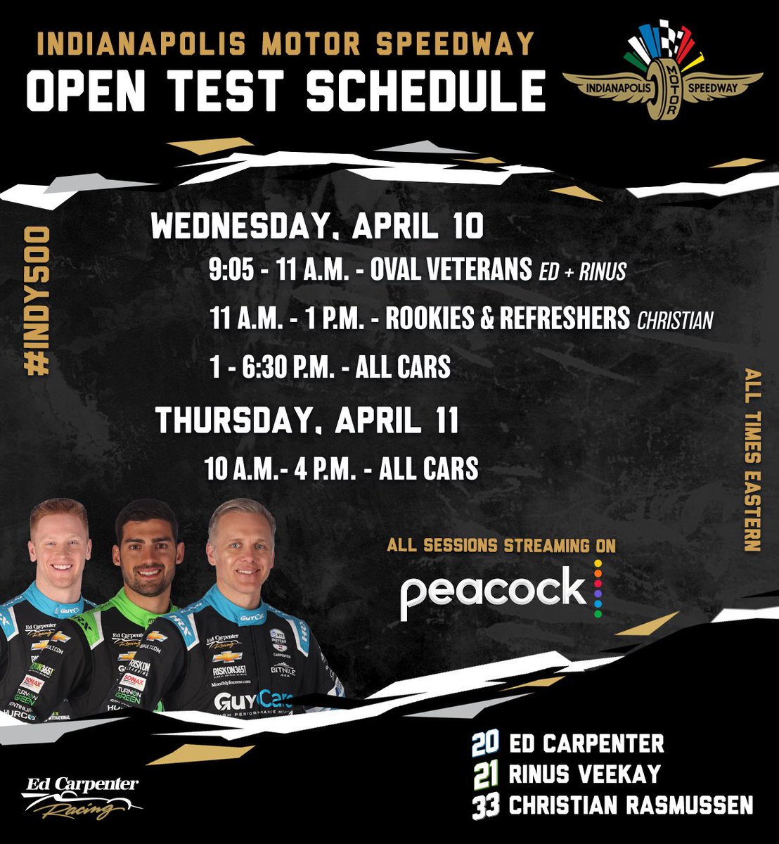 [Open Test Schedule] - In an effort to dodge potential raindrops, today starts earlier & will run longer! RVK & EC will run in the first session, followed by CR’s Rookie Orientation Program, before all three hit the track. All streamed live on Peacock! #Indy500 #INDYCAR