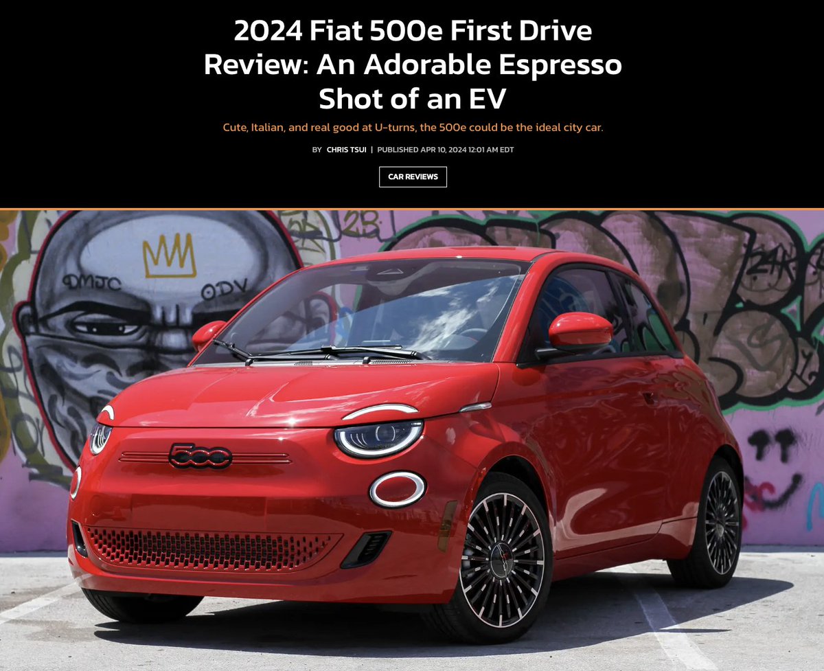 The sporty Fiat 500e is Stellantis's first EV sold in the US -- and it looks great. At $34k, the Fiat 500e ~$20k cheaper than the average US EV. And weighing under 3,000 lbs, it's 1/3 as heavy as a bloated Hummer EV. thedrive.com/car-reviews/20…