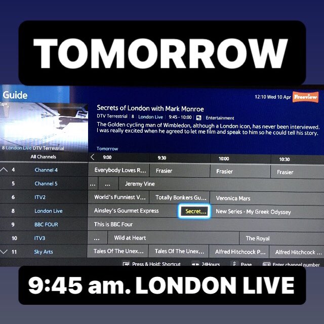 TOMORROW. Documentary all about me and my bikes. The series is called ‘Secrets of London’. It is on the London live channel at 9:45 am.