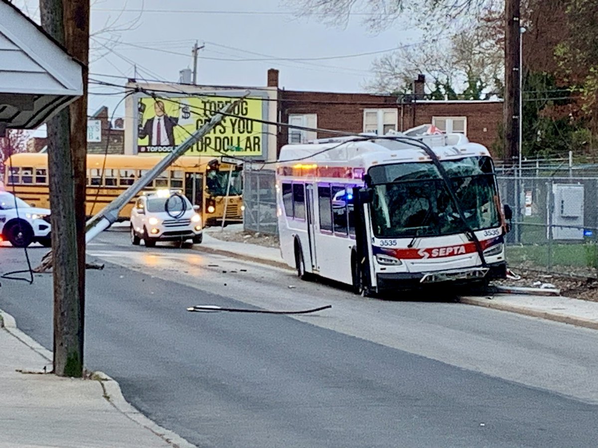 Septa Bus cracked pole in half at 4:30am PECO crews repairing and detours thru Upper Darby on Long Lane