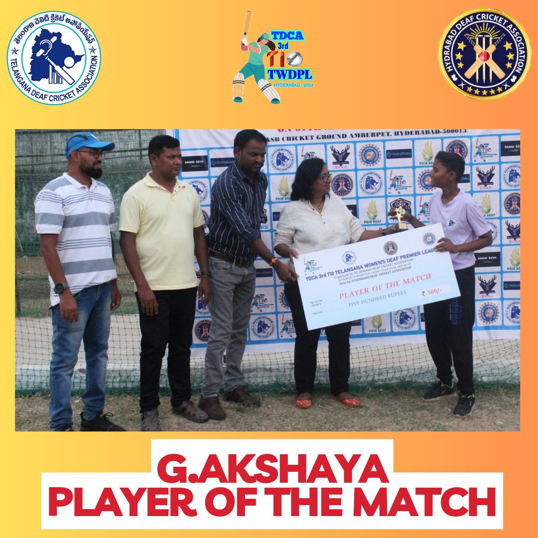 DeafTelangana's tweet photo. TDCA 3rd T10 Telangana Women's Deaf Premier league on 7-04-2024

G AKSHAYA
Player of the Match 
Ranga Reddy Stag https://t.co/20urvjyGca